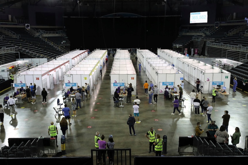 Members of the public line up for a vaccine clinic in an arena