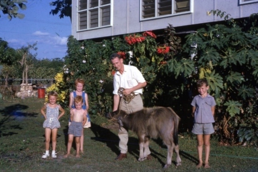 A man and his children standing outside their house with pet buffalo, Lucky