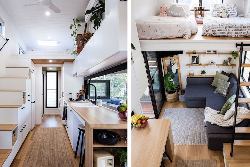 Two views of the inside of a tiny home. A ladder leads up to a loft bedroom in one image. A gully kitchen in second view. 
