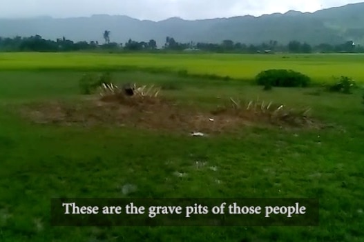 A screenshot from a video shows an alleged gravesite where Muslim Rohingyas were reported to have been buried.
