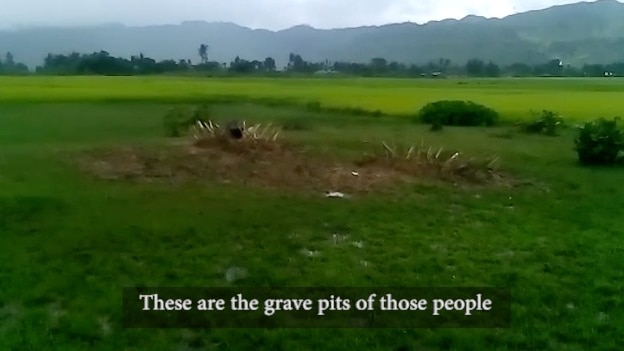 A screenshot from a video shows an alleged gravesite where Muslim Rohingyas were reported to have been buried.