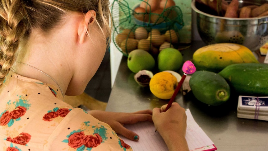 A student concentrates while studying during home schooling
