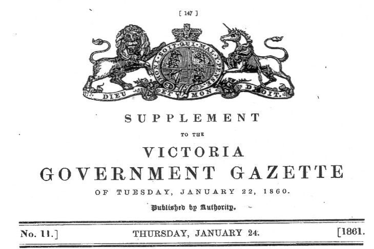 The original proclamation of Stanley as a township in the Victoria Government Gazette on Tuesday January 24, 1861.