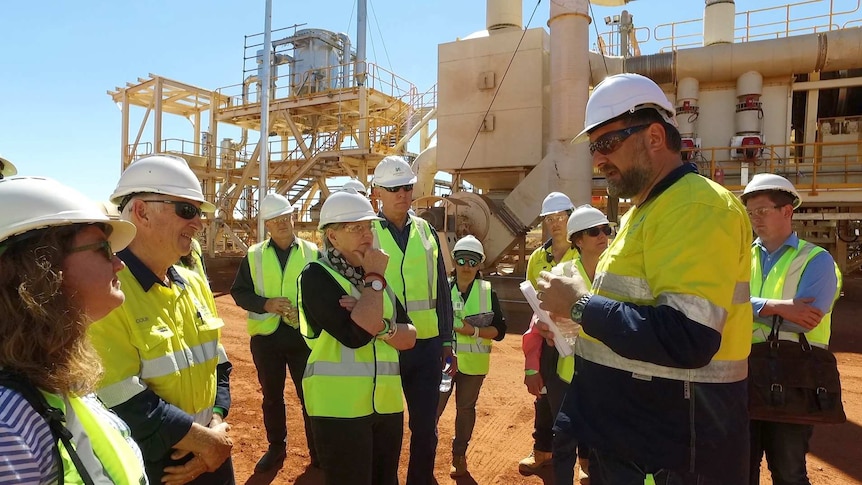 Northern Minerals managing director George Bauk leads politicians on a tour of the company's rare earths plant.