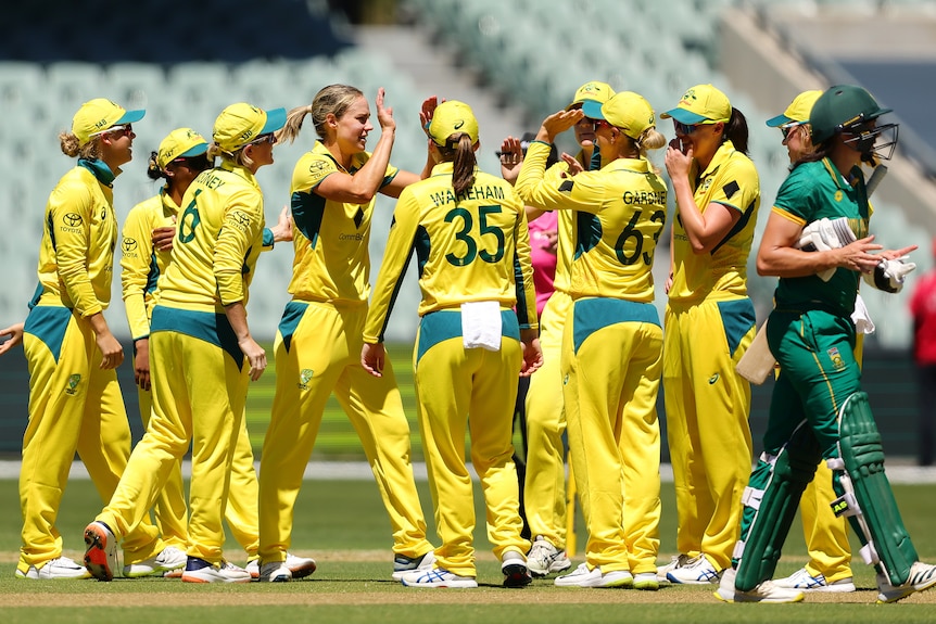 Australian players celebrate with Ellyse Perry as Tazmin Brits walks off