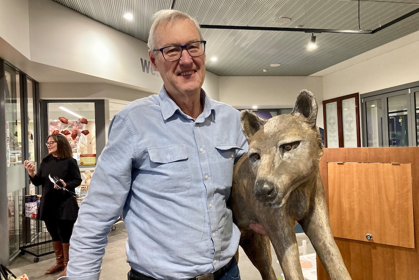 a man poses with a life sized model thylacine