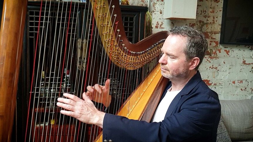 A man plays the harp at home.