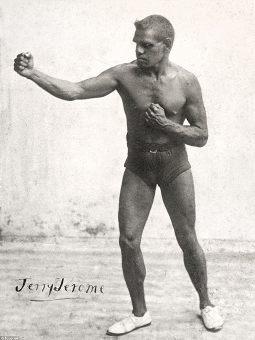 Aboriginal Boxer, Jerry Jerome stands in a fighting stance.