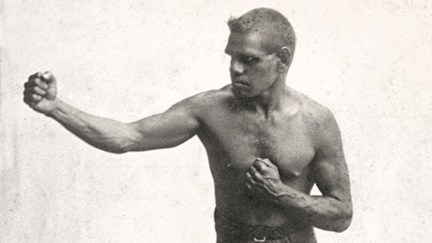 Aboriginal Boxer, Jerry Jerome stands in a fighting stance.