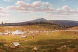 A painting of a pastoral landscape dotted with tents.