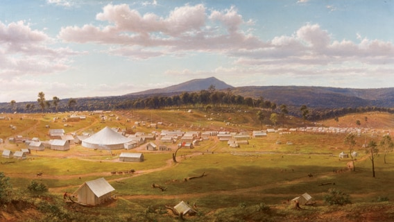 A painting of a pastoral landscape dotted with tents.