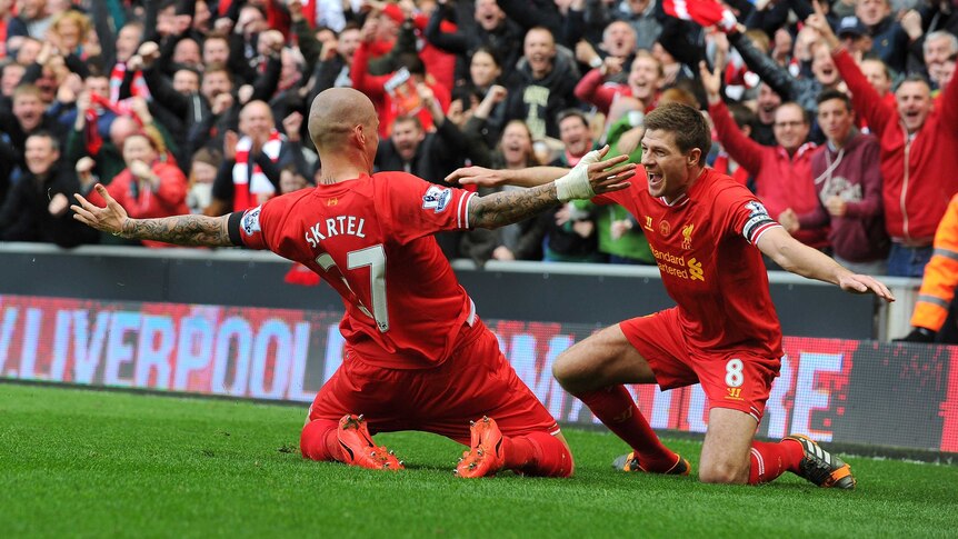 Martin Skrtel and Steven Gerrard celebrate Liverpool goal against Manchester City