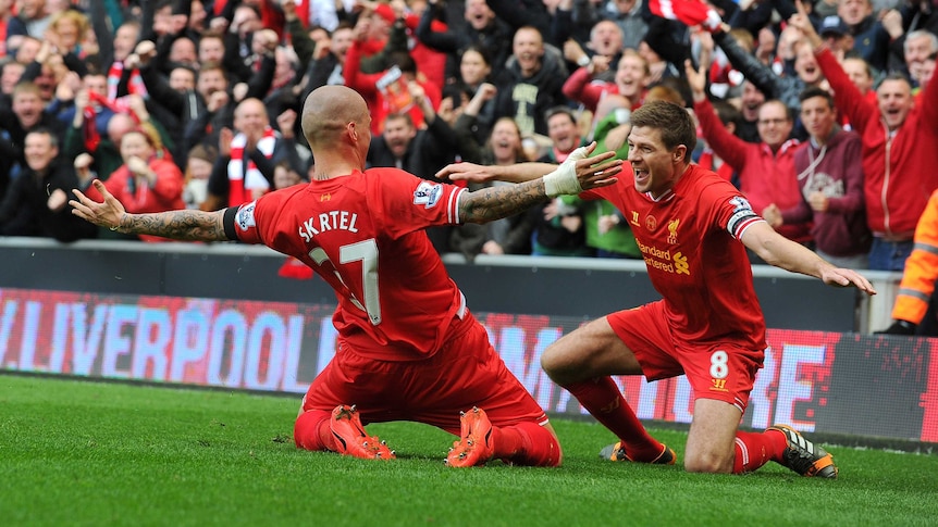 Martin Skrtel and Steven Gerrard celebrate Liverpool goal against Manchester City