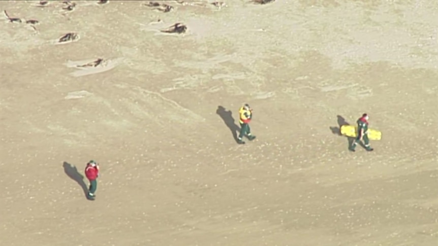 Aerial view of three paramedics on a beach