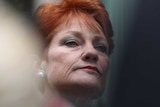 One Nation leader Pauline Hanson looks down with two dark shapes beside her.