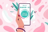 An illustrated stock image of a woman's hand holding a smartphone with a menstrual tracker