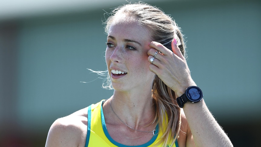 An Australian female track and field athlete looks to her right during a 2018 training session.