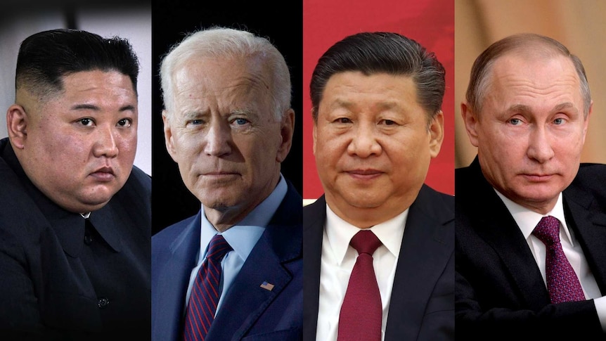 Kim Jong Un, Joe Biden, Xi Jinping and Vladimir Putin