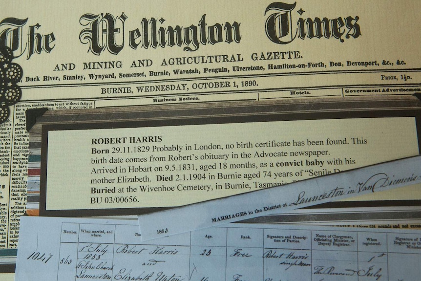 a facsimile of the first edition of the Wellington Times from 1890, overlaid with clipping of Robert Harris obituary