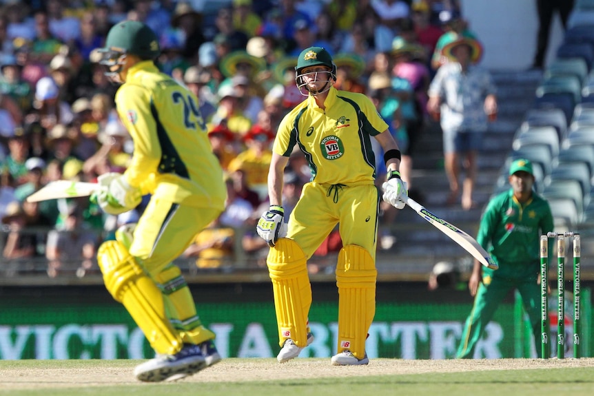 Steve Smith (R) looks at Australian batting partner Peter Handscomb in a 2017 ODI against Pakistan.