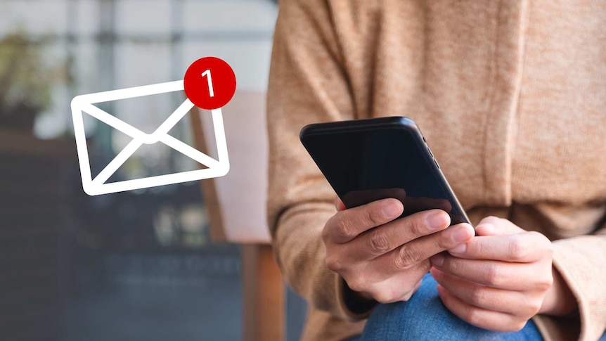 Person holding a phone with a 'new email' icon illustrated above it.