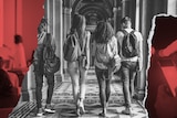 An artfully put together red, black and white graphic depicts a group of students walking down a university hallway.