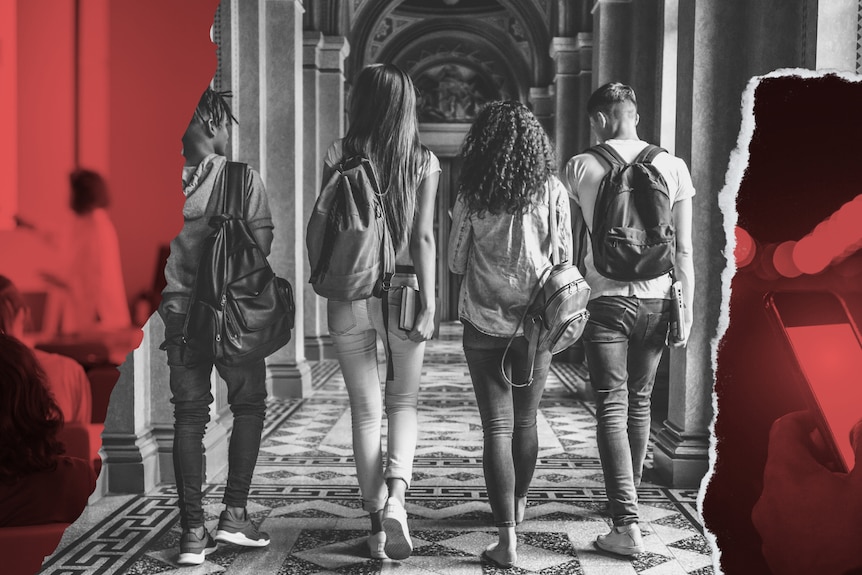 An artfully put together red, black and white graphic depicts a group of students walking down a university hallway.