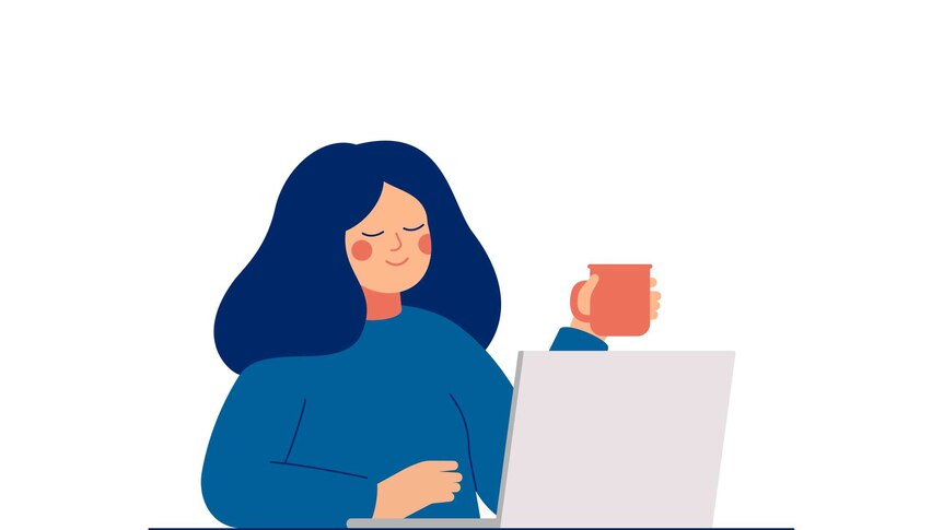 Illustration of young woman working on a laptop with mug in hand, looking serene.