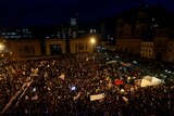 Aerial shot of crowds rallying in Bogota's Bolivar square.