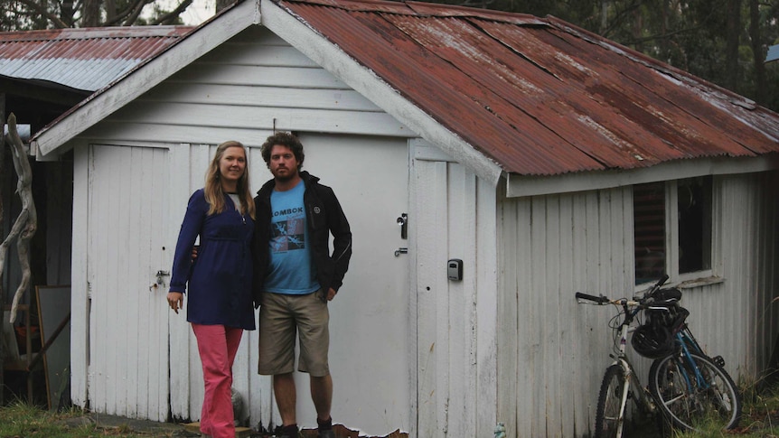 Benjamin and Victoria O'Sullivan outside their shack, Tasman Peninsula, March 2019.