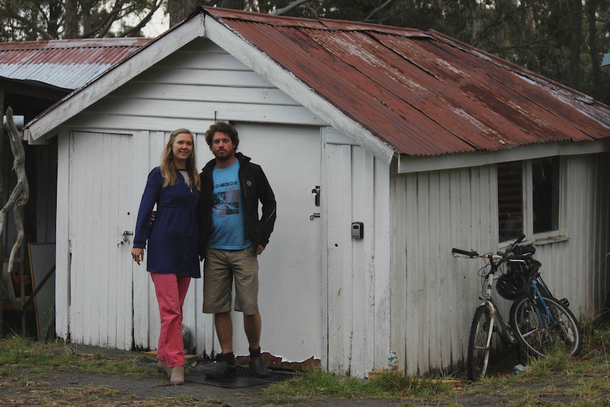 Benjamin and Victoria O'Sullivan outside their shack, Tasman Peninsula, March 2019.