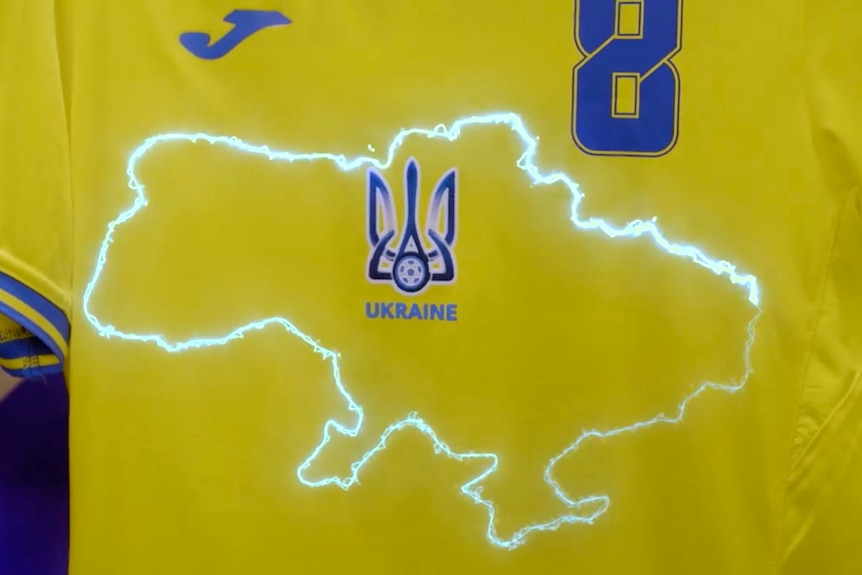Ukrainian national soccer team kit with an outline of Ukraine, including Crimea