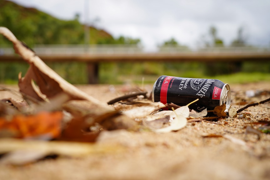 An empty alcohol can lying on the ground, surrounded by sand and leaves, with a bridge in the distance.