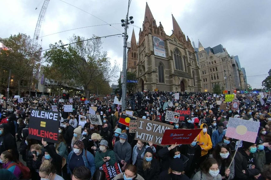 Black Lives Matter protesters gather at Flinders Street Station in Melbourne