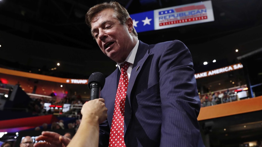 Republican presidential candidate Donald Trump's manager Paul Manafort talks to the media at the Republican National Convention