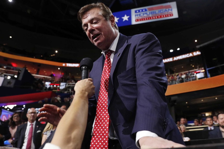 Republican presidential candidate Donald Trump's manager Paul Manafort talks to the media at the Republican National Convention