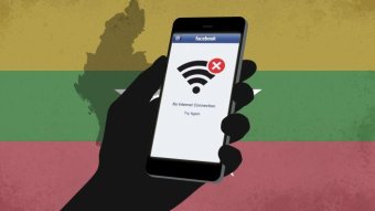 Graphic depicts phone that says 'no internet connection' in front of a Myanmar flag