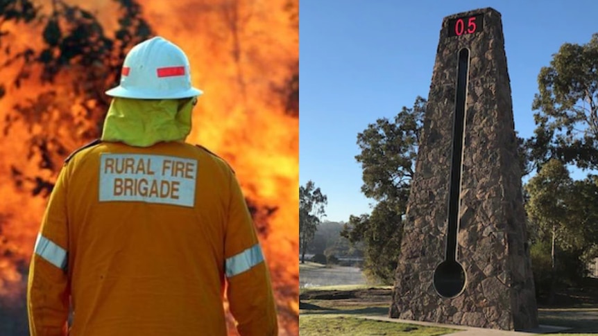 Composite image of an unidentified firefighter and Stanthorpe's big thermometer.