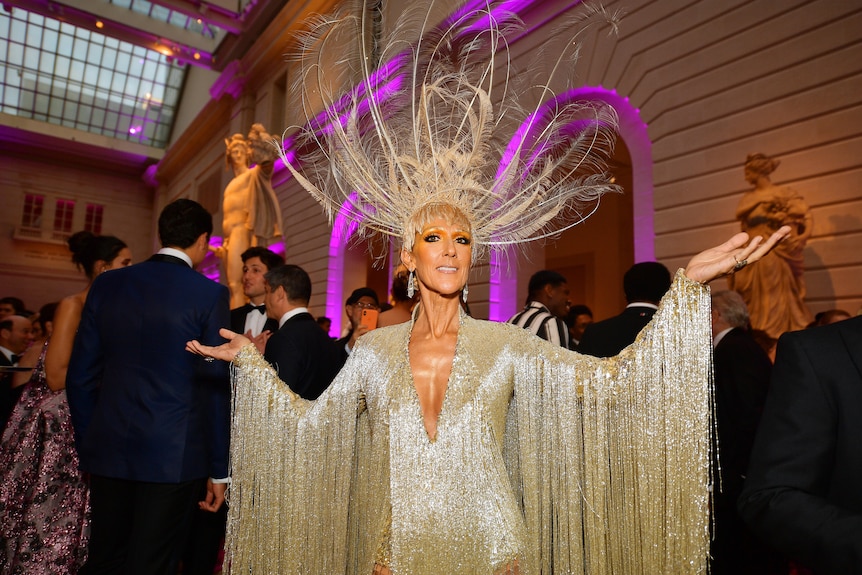 Celine Dion in an enormous spiky headdress, wearing a silvery dress with huge long tassels off the sleeve, stands with arms up 