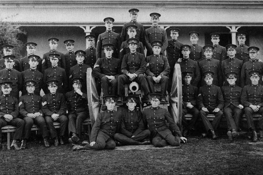 Group portrait of the cadets of the First Class, Royal Military College, Duntroon in 1914.