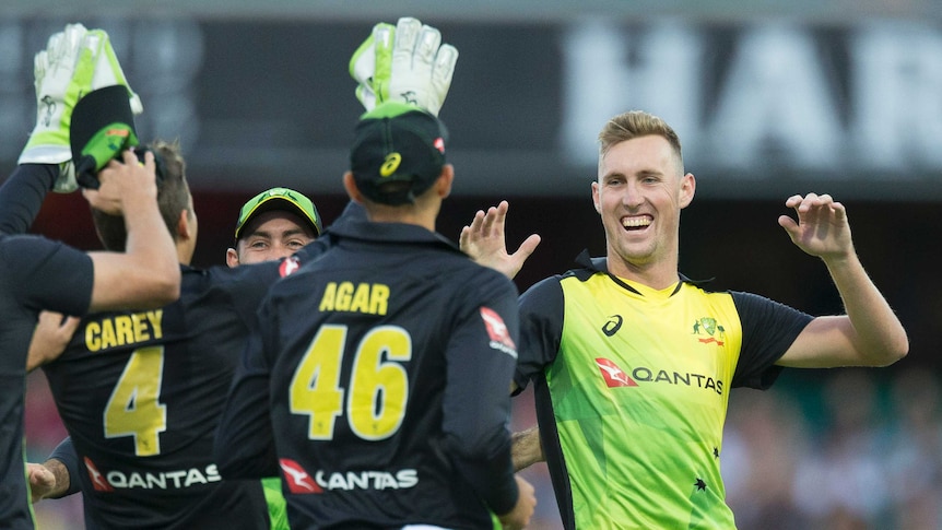 Australia's Billy Stanlake (R) celebrates his dismissal of New Zealand's Colin Munro in a T20i.