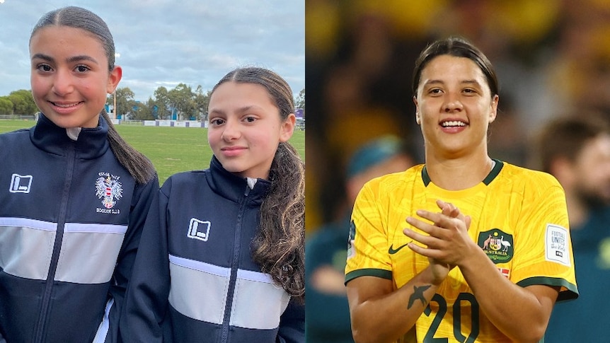 A composite image of two Indian Australian girls in soccer gear and Sam Kerr in Matildas shirt. 