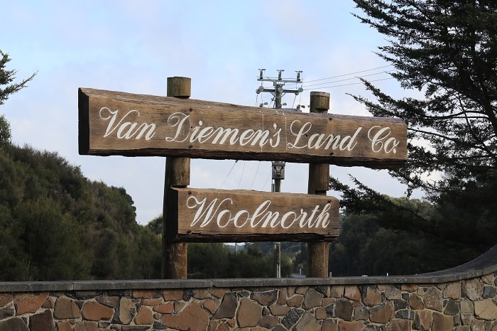 A wooden sign that reads "Van Diemen's Land Co. Woolnorth".