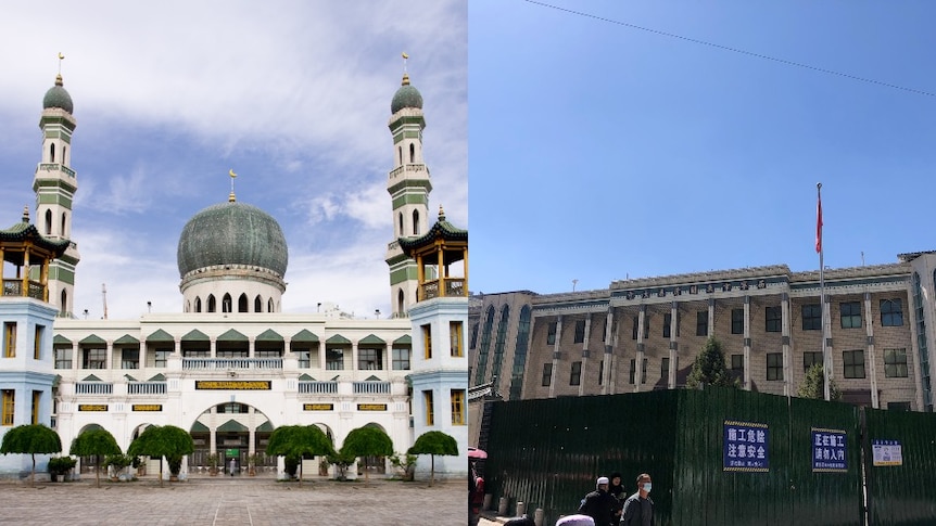 A composite image of Dongguan Mosque with the dome and the mosque without the dome.