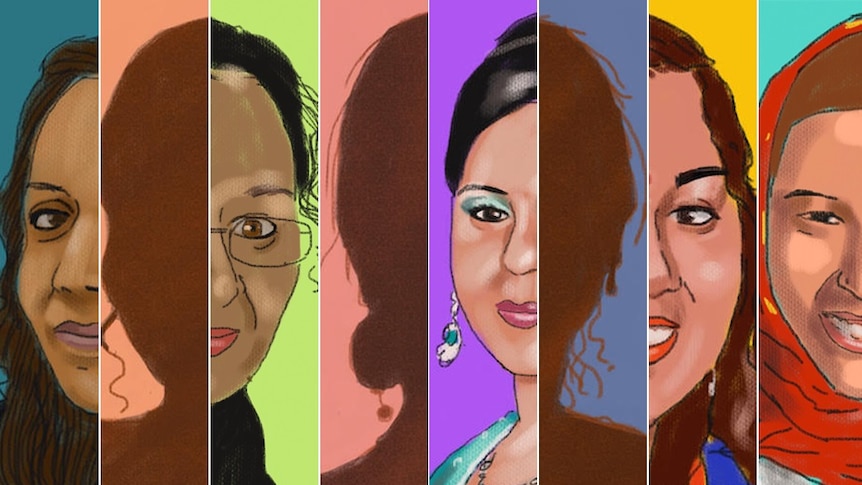 An illustration of five Hindu and Sikh women who have died in domestic violence cases in Australia.