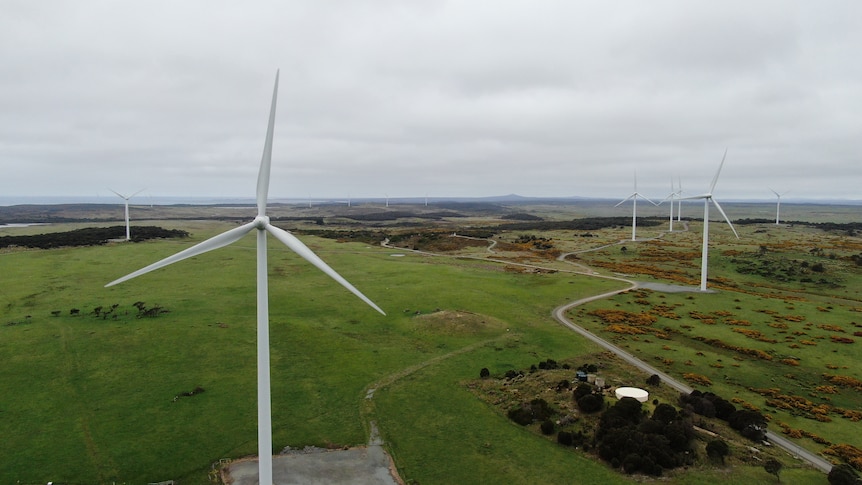 Drone shot of a coastal wind farm with several turbines.
