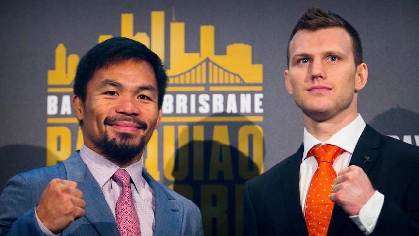 Boxers Manny Pacquiao and Jeff Horn face off during a press conference, April 2017