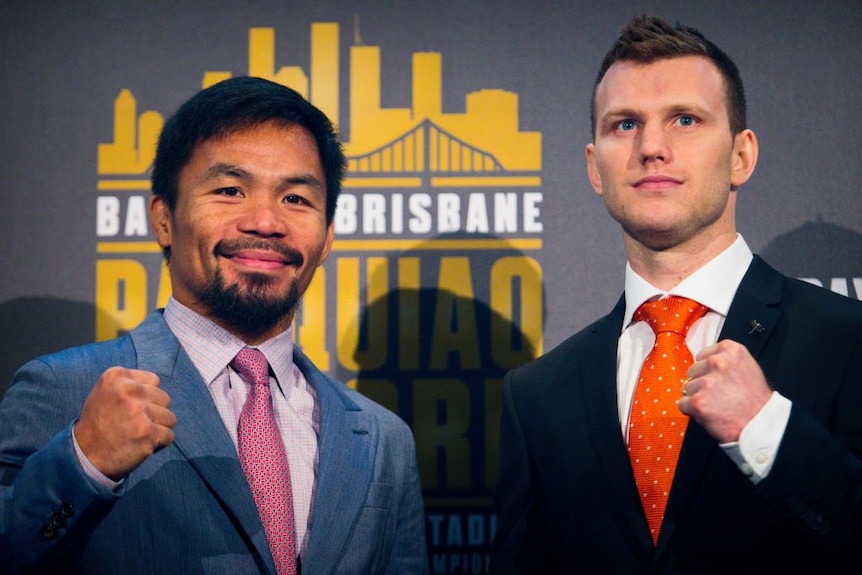 Boxers Manny Pacquiao and Jeff Horn face off during a press conference, April 2017