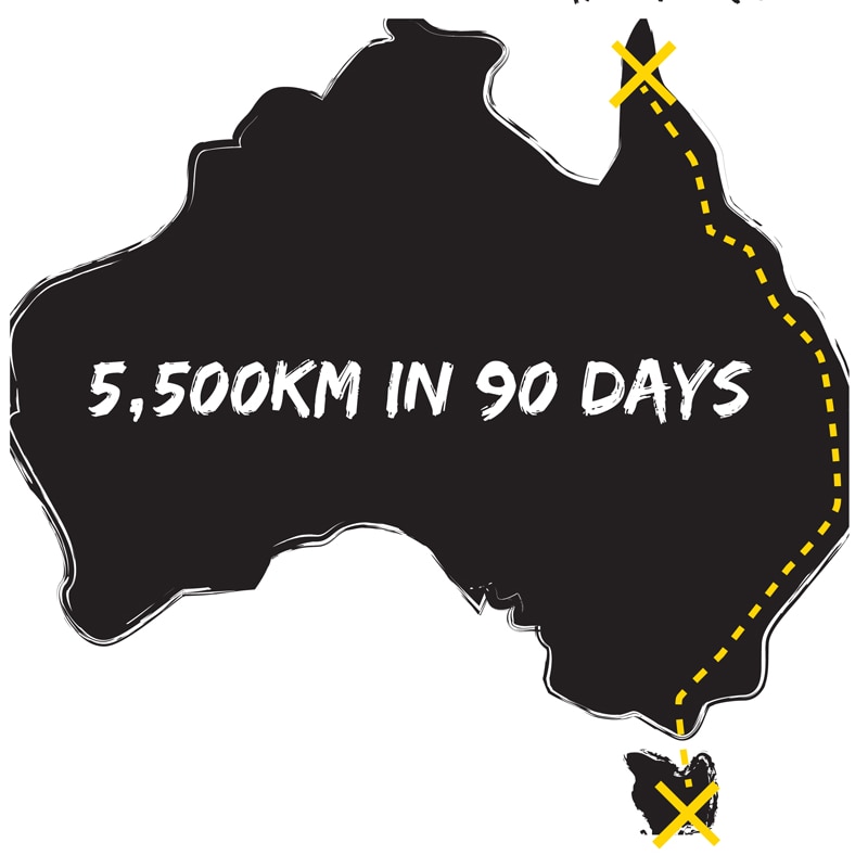 A blacked out  map of Australia with only the track Greg Brown will run marked on it.