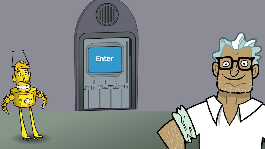 Cartoon robot and man stand near door with sign "Enter"